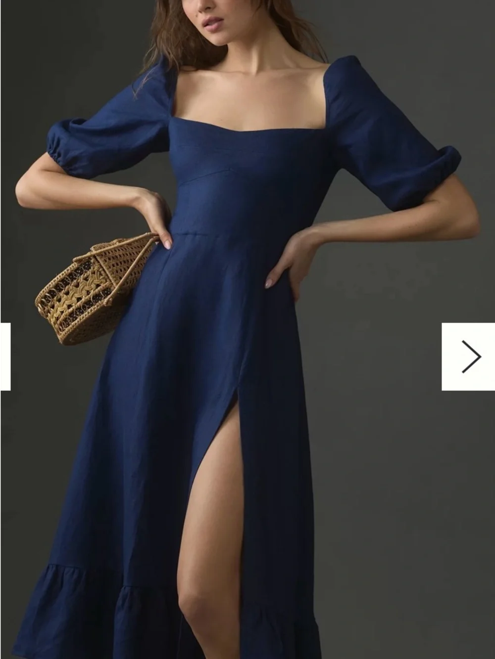 Reformation Navy Linen Puff-Sleeve Maxi Dress